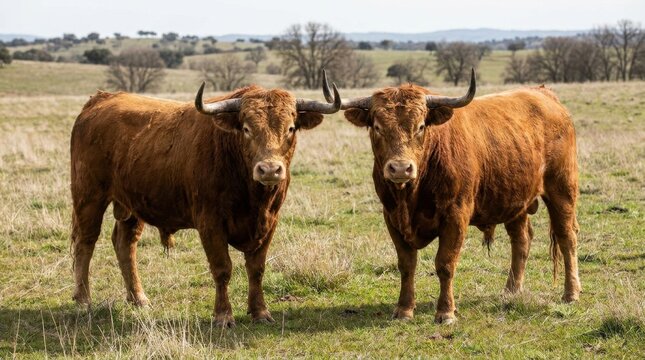 Two powerful brown bulls standing in a grassy field with trees in the background.