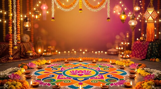 Vibrant Deepavali Background with Soft Gradient, Traditional Rangoli Art, Lotus Flowers, Hanging Lanterns, and Glowing Festive Lights for Celebration