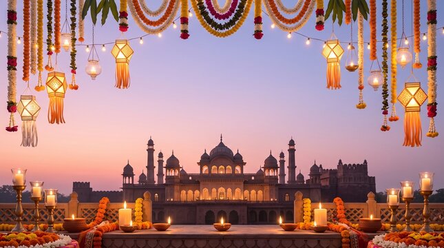 Elegant Diwali Festival Background Featuring Pastel Gradient Palace Silhouette Hanging Lanterns Floral Decor and Glowing Candles with Wide Copy Space