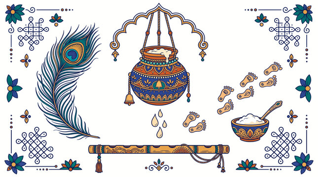 Krishna janmashtami vector elements showcasing peacock feather, hanging dahi matki and traditional flute, representing cultural celebration and Hindu devotion