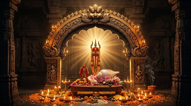 Ornate Temple Arch with Sacred Trident, Conch Shell, Lotus Flowers, and Glowing Oil Lamps for Durga Puja Festival with Dramatic Golden Light Rays