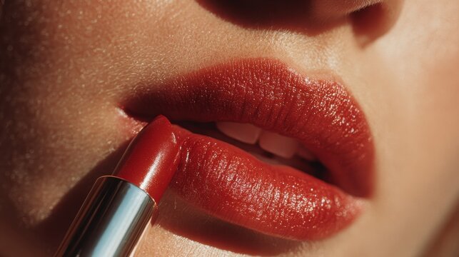 Macro close-up of red lipstick being applied on a woman's lips with natural light, highlighting glossy texture, smooth skin, and editorial beauty detail in a moody setting