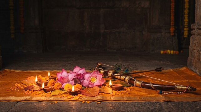 Traditional Dussehra composition featuring a ceremonial bow, sacred lotus flowers, oil lamps, and autumn foliage in golden warm light