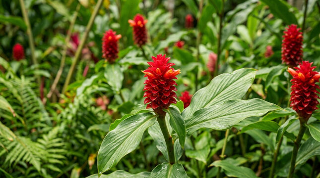 Vibrant red ginger flowers amidst lush green foliage, tropical plant.