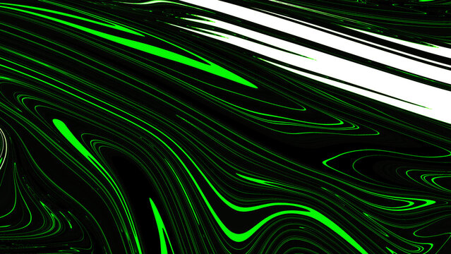 Abstract digital background with flowing green light streaks and white diagonal lines on black texture