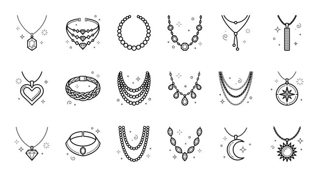 Elegant jewelry and necklace line icons showing precious diamond pendants, pearl chains and gemstone chokers, representing luxury fashion design and beauty accessories