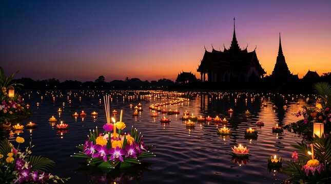 Loy Krathong Festival Background with Traditional Thai Temple Silhouette Floating Candles Orchids and Tropical Floral Decorations on Gradient Sky