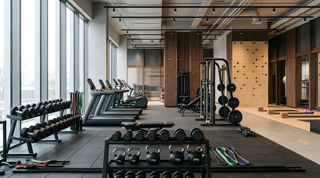 Modern interior of a luxury fitness center featuring rows of treadmills, dumbbell racks, kettlebells, and a climbing wall. High-end gym with floor-to-ceiling windows and premium gear.