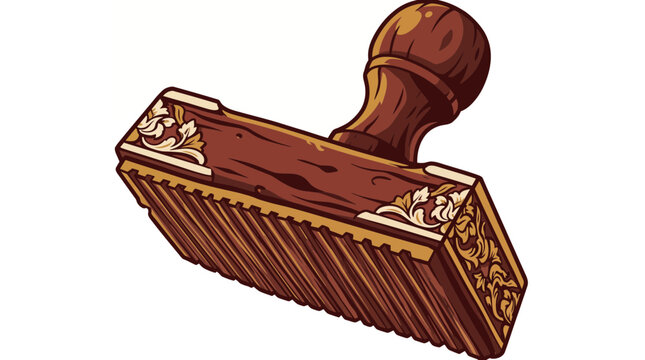 Vintage wooden stamp vector illustration showcasing ornate floral carving, detailed wooden texture and traditional craft design, representing official approval and authentic authority