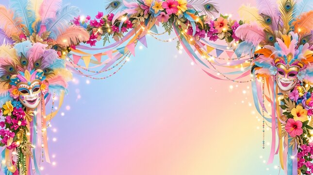 Elegant MassKara Festival Composition with Pastel Gradient Background, Luxury Feathers, Floral Ornaments, Colorful Streamers and Sparkling Bokeh Lights