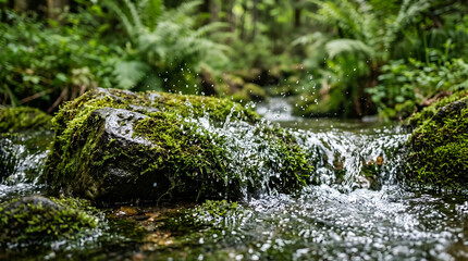 Fototapeta premium Water splashing over green mossy rocks in fresh forest stream close up nature background