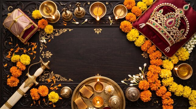 Traditional Mysore Dasara Festival Arrangement with Royal Crown Ornament, Palace Carvings, Brass Lamps, and Marigold Flowers in Top Down View
