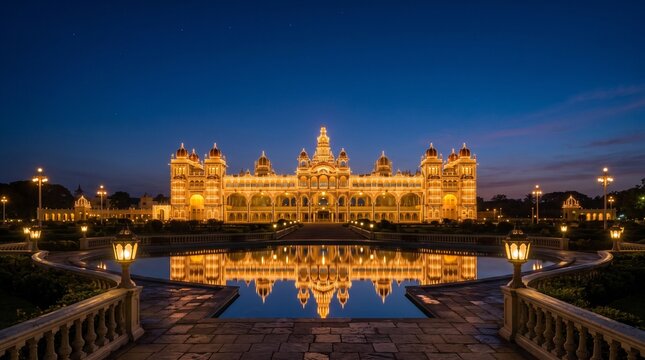 Mysore Palace Glowing Silhouette at Twilight with Decorative Lanterns and Golden Reflections during Dasara Festival Celebration in Karnataka India
