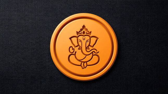 Orange Lord Ganesha circular coin icon embossed on textured black fabric background vector