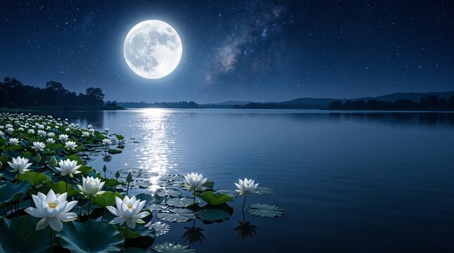 Sharad Purnima, Magnificent Full Moon Above Serene Lotus Lake, Silver Moonlight Reflecting on Calm Water, Blooming White Lotus Flowers and Celestial Light