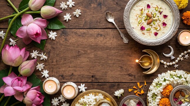 Sharad Purnima Celebration with Sweet Rice Kheer in Silver Bowl, Pink Lotus Flowers, Jasmine, Candles and Moon Inspired Jewelry Top View
