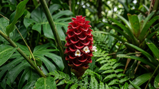 Vibrant red ginger flower blooming in lush tropical jungle foliage