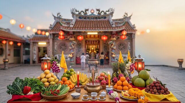 Peaceful Phuket Vegetarian Festival Background with Chinese Shrine Elements Fresh Fruits Vegetables and Ceremonial Offerings on Soft Gradient