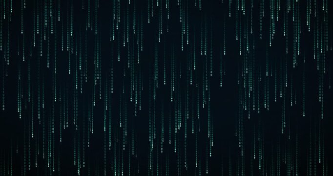 Binary code streams down in a futuristic teal circuit animation with layered parallax effect.