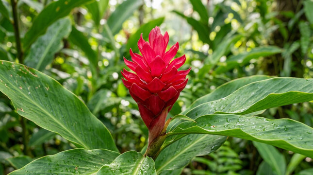 Vibrant red ginger flower blooming amidst lush green tropical foliage