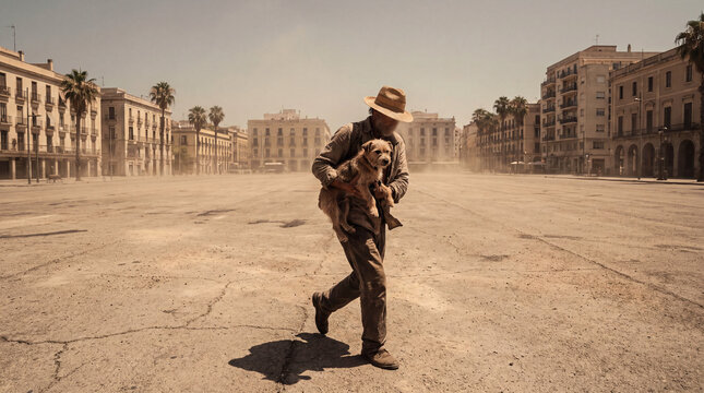 Man Rescues Dog in Deserted City Square: A lone man, wearing a fedora and carrying a small dog, navigates a dusty, abandoned city square under a harsh sun, evoking a sense of isolation and resilience.