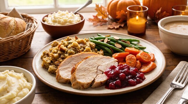 A delicious traditional thanksgiving dinner plate featuring roasted turkey slices with stuffing green beans and cranberry sauce