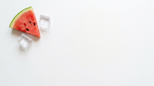 Refreshing watermelon slice and ice cubes on a pristine white background, a perfect minimalist summer fruit concept with ample copy space for design.
