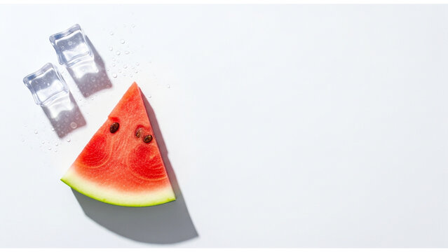 Vibrant red watermelon slice and two ice cubes casting sharp shadows on a clean white surface, symbolizing summer refreshment.