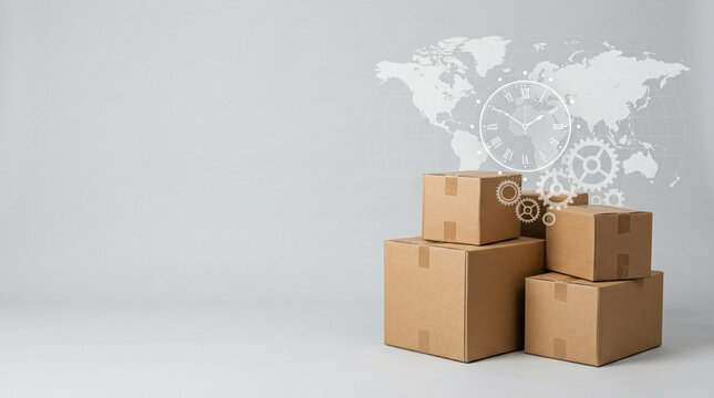 Efficient global logistics: Stacked cardboard boxes, world map, clocks, and gears, symbolizing international shipping, e-commerce, and timely delivery.
