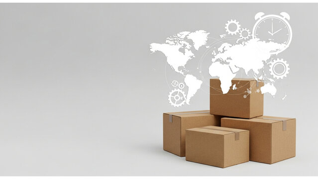 Global logistics concept with cardboard delivery boxes and world map overlay on a clean grey background, symbolizing worldwide shipping and efficient supply chain management.