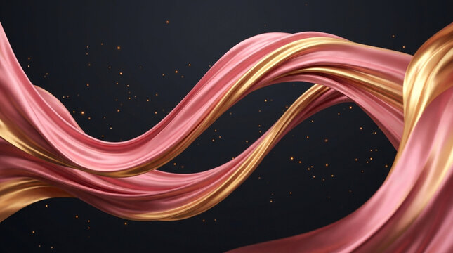 Abstract luxurious flowing pink and gold silk fabric ribbons on a dark background with elegant glitter particles, perfect for upscale designs.