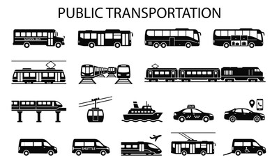 Obraz premium Set of colorful public transportation icons featuring various transit vehicles for city travel and urban navigation vector design