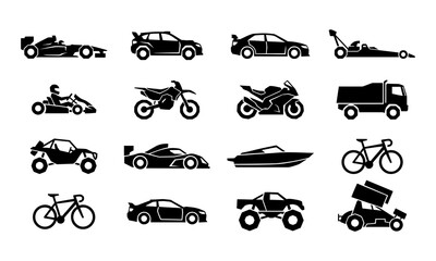 Fototapeta premium Collection of various racing vehicle icons featuring sports cars and speed machines for automotive design vector art