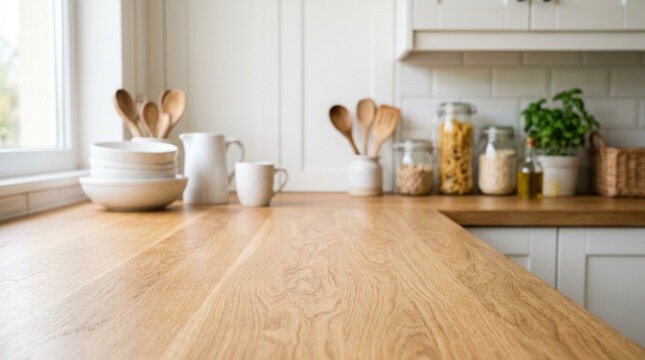 Clean and bright kitchen countertop with wooden surface, white cabinets, and various kitchenware and ingredients.