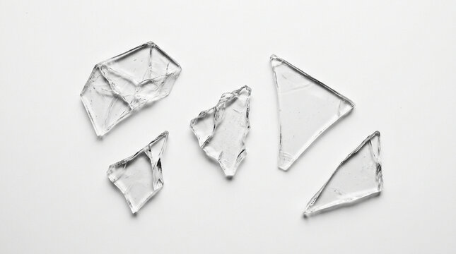 Sharp shards of clear broken glass scattered on a plain white background, isolated fragments with sharp edges.
