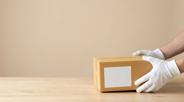 Hands wearing white gloves carefully placing a cardboard delivery box with a blank label on a wooden surface