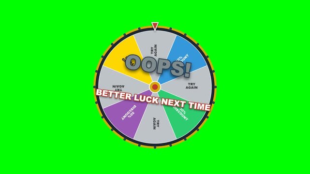 4K Green Screen Spinning Wheel of Fortune Motion Graphic with Losing Try Again Outcome