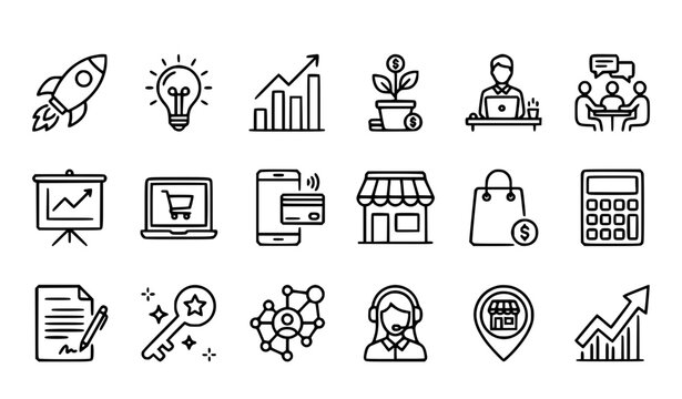Entrepreneurship and SME growth editable outline vector icon collection