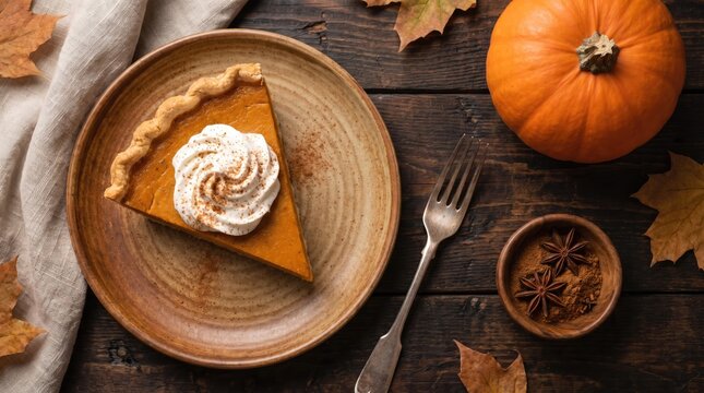 A delicious slice of homemade pumpkin pie served on a rustic plate for a festive thanksgiving celebration