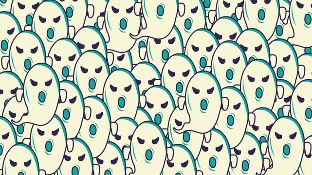A 4K seamless looping Halloween animation featuring a crowded pattern of screaming cream ghosts with teal outlines and dark navy eyes on a packed background. Spooky motion backdrop.
