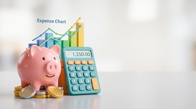 Comprehensive financial planning concept with piggy bank, calculator, and growth charts, illustrating wise money management, budgeting, and investment strategies for future prosperity