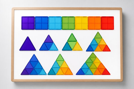 Colorful translucent magnetic squares and triangles form rainbow geometric patterns on a white board with a natural wooden frame.