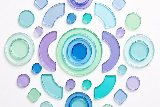 Abstract arrangement of glossy translucent circles, arcs, and rounded squares in blue, turquoise, green, and purple on a clean white background.