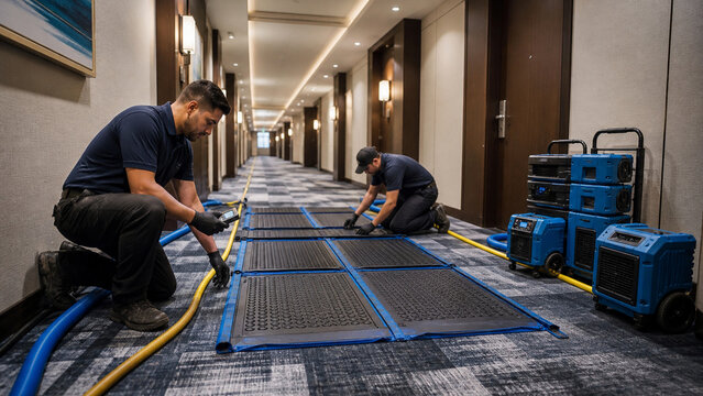 Two restoration technicians install floor drying mats and industrial dehumidifiers in a hotel corridor after apparent water damage.