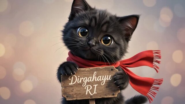 Cute Black Kitten Holding Dirgahayu RI Sign Indonesia Celebration 4K