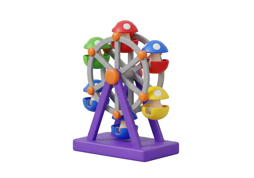 3d icon of a colorful toy ferris wheel with mushroomshaped gondolas, isolated on transparent background