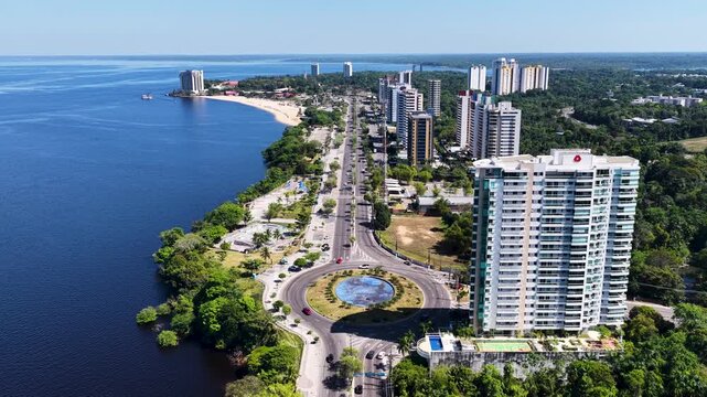 Ponta Negra Beach At Manaus In Amazonas Brazil. Highrise Buildings. Stunning Landscape. Coastline Riverfront. Ponta Negra Beach In Manaus In Amazonas Brazil. River Beach. Amazon Rainforest.