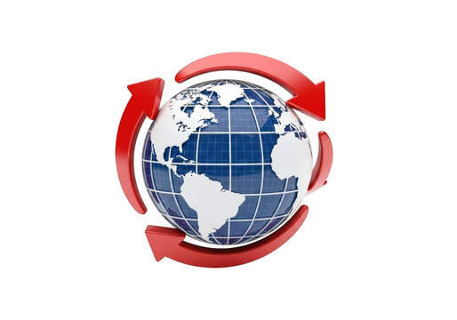 3d icon of 3d rendering of a globe with red arrows indicating rotation and global connection, isolated on transparent background