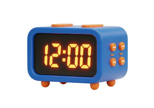 3d icon of blue digital alarm clock showing twelve oclock isolated on transparent background cute cartoon style clock with orange details and rounded edges