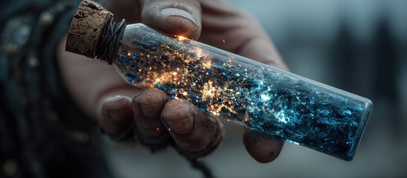 Hand holding sparkling crystal object.